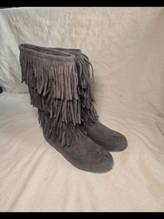 Arizona Jean Company Shoes - Arizona Gray Suede 3-Layer Fringe  Mid-Calf Moccasin Boot Size 11